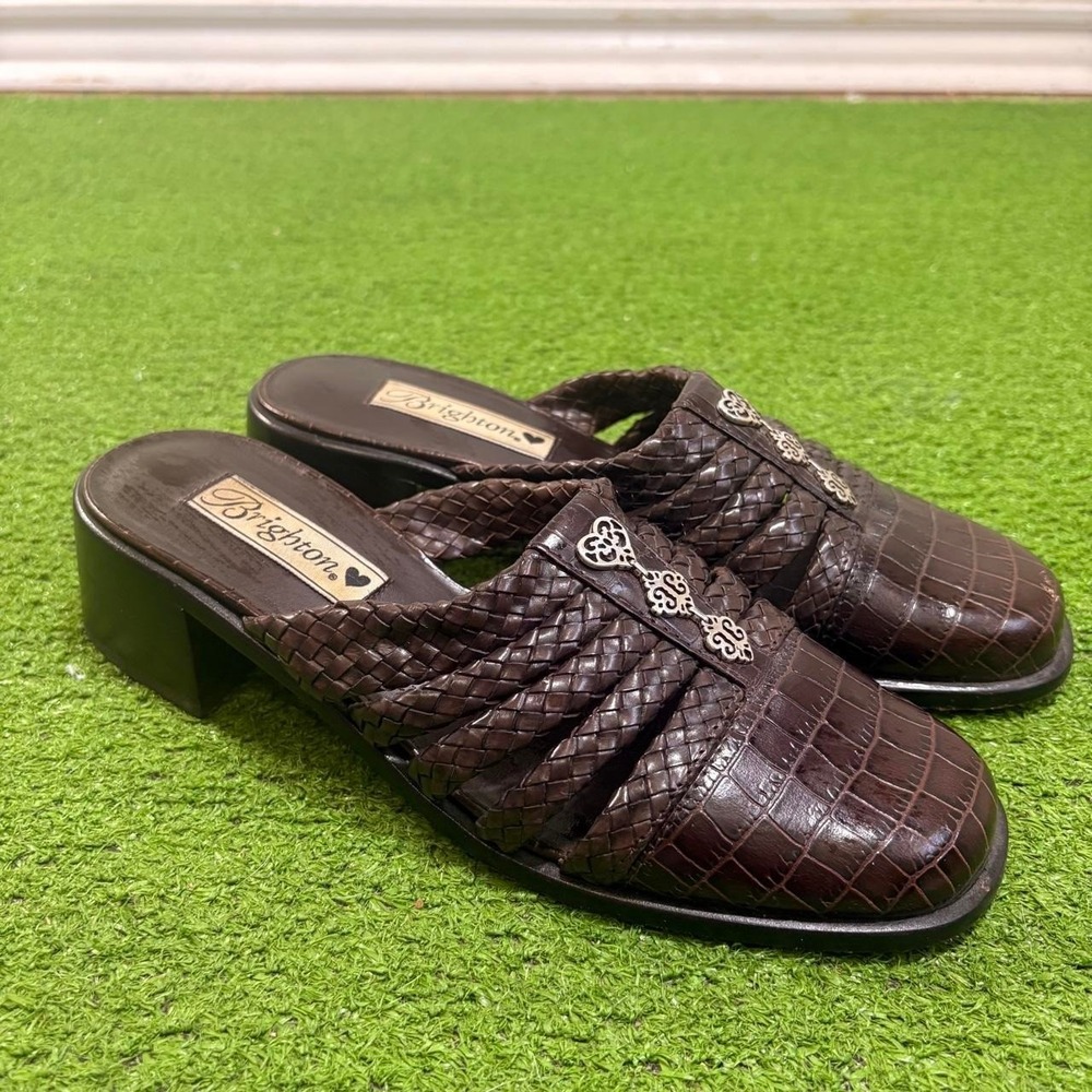 Brighton Brown Croc Print Braided Mules Sandals Slip On Womens Size 8 Leather